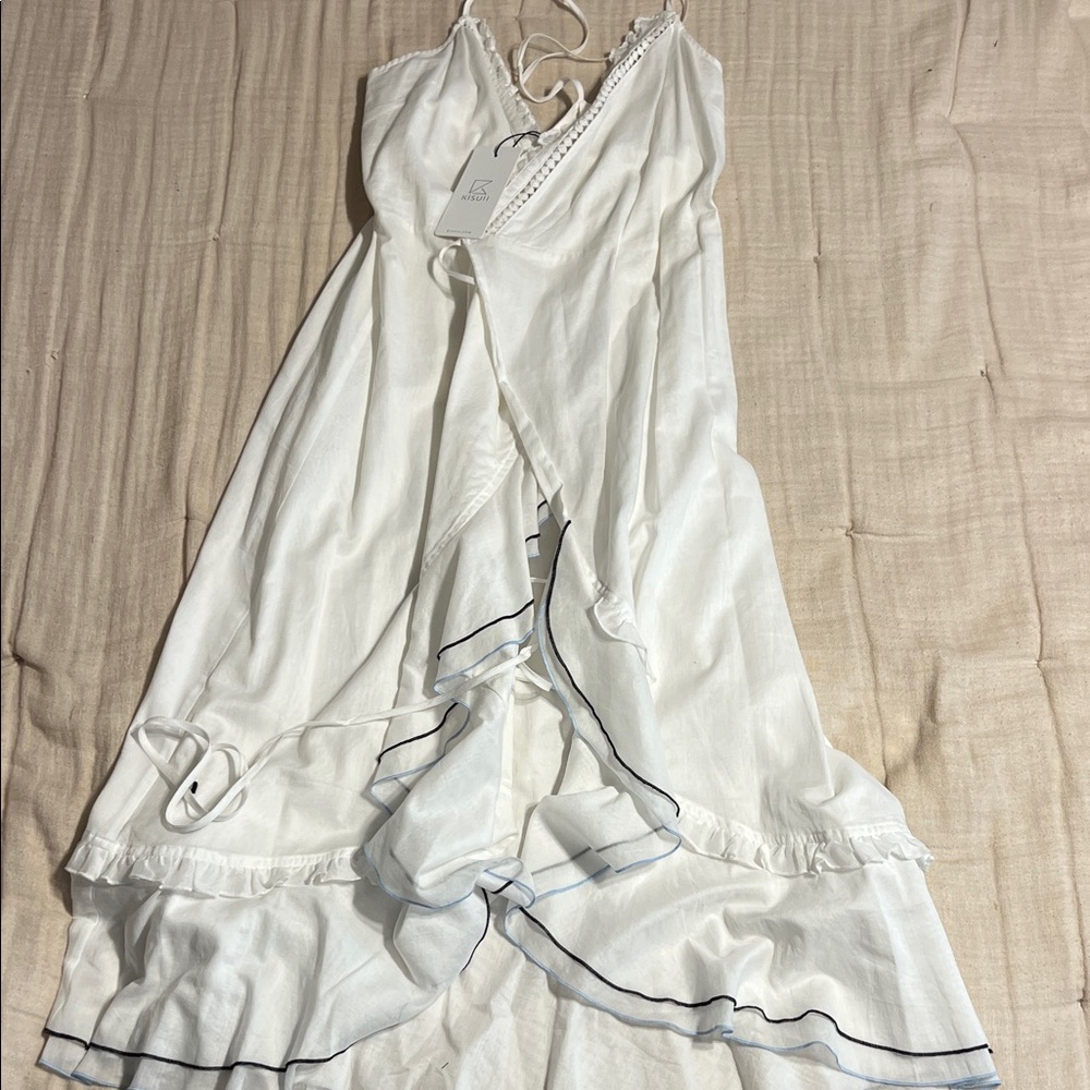 White Wrap Dress with Blue Trim